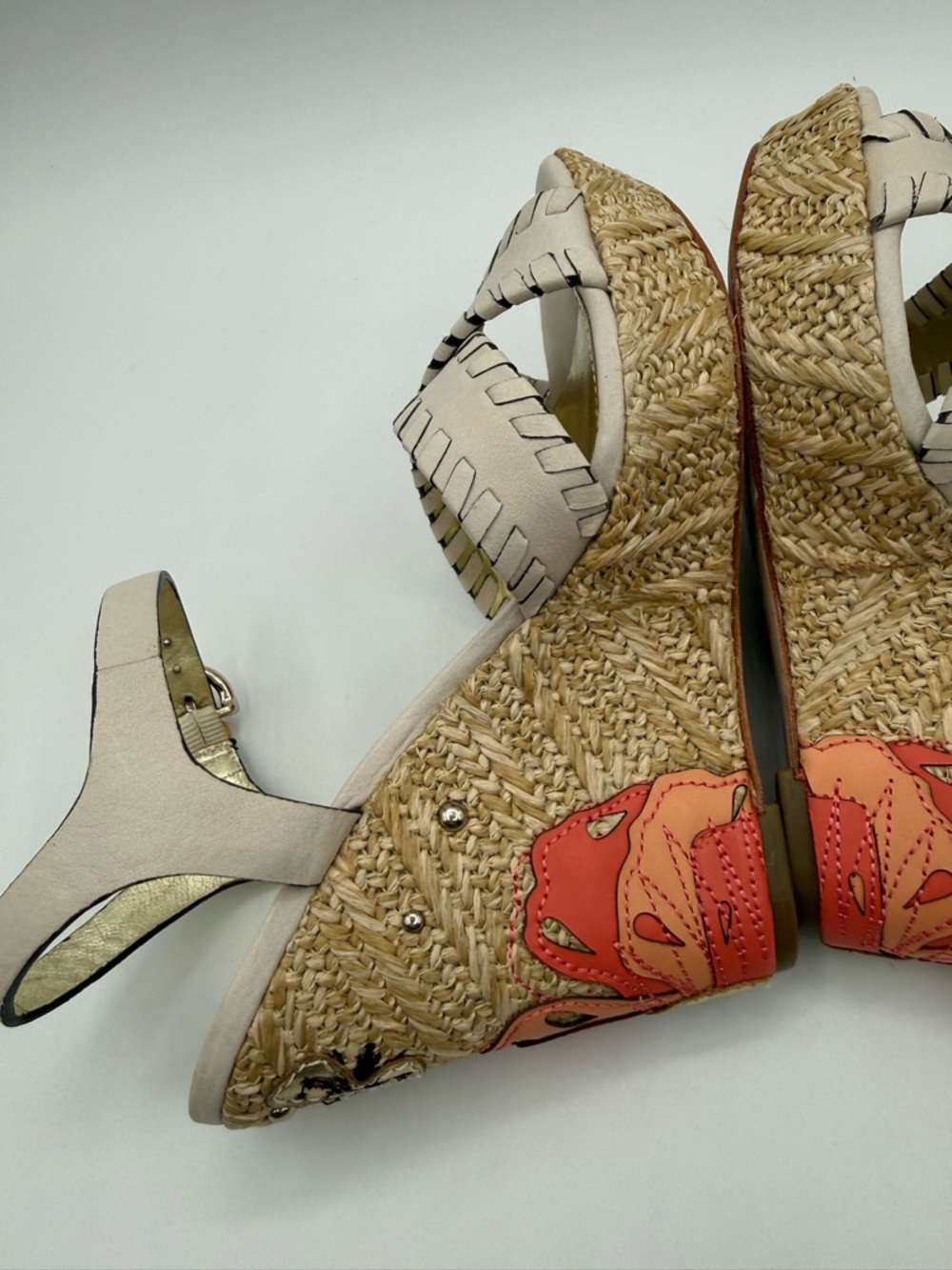 Coach Justeen Wedge Sandals Beige Leather Floral Platform Espadrille Heels - Picture 16 of 17